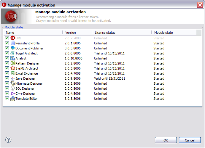 Modelio module selection