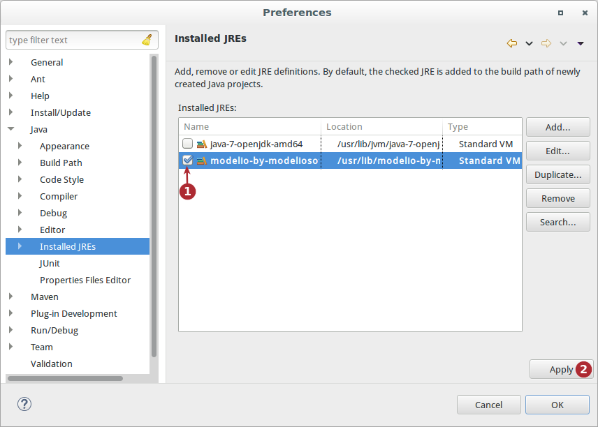 Debugging jre configuration Eclipse Preferences enabled jre