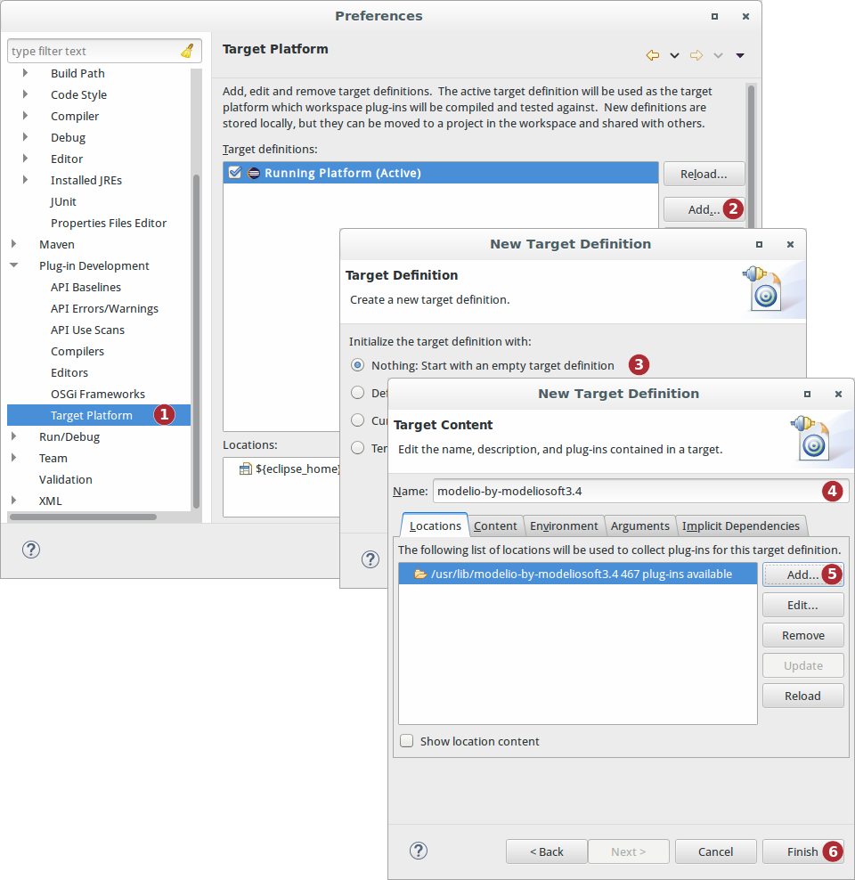 Debugging target platform configuration Eclipse Preferences add target