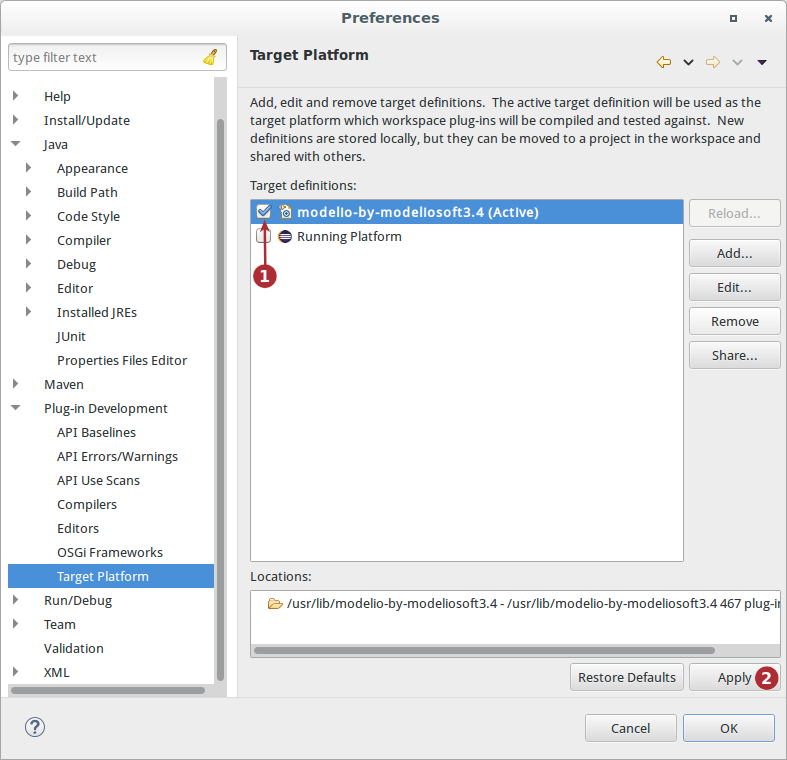 Debugging target platform configuration Eclipse Preferences target enabled